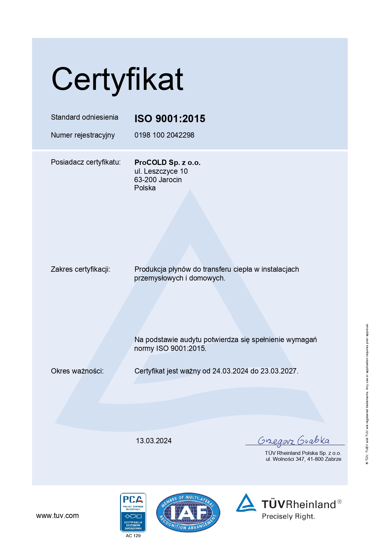 Certyfikat ISO - Procold